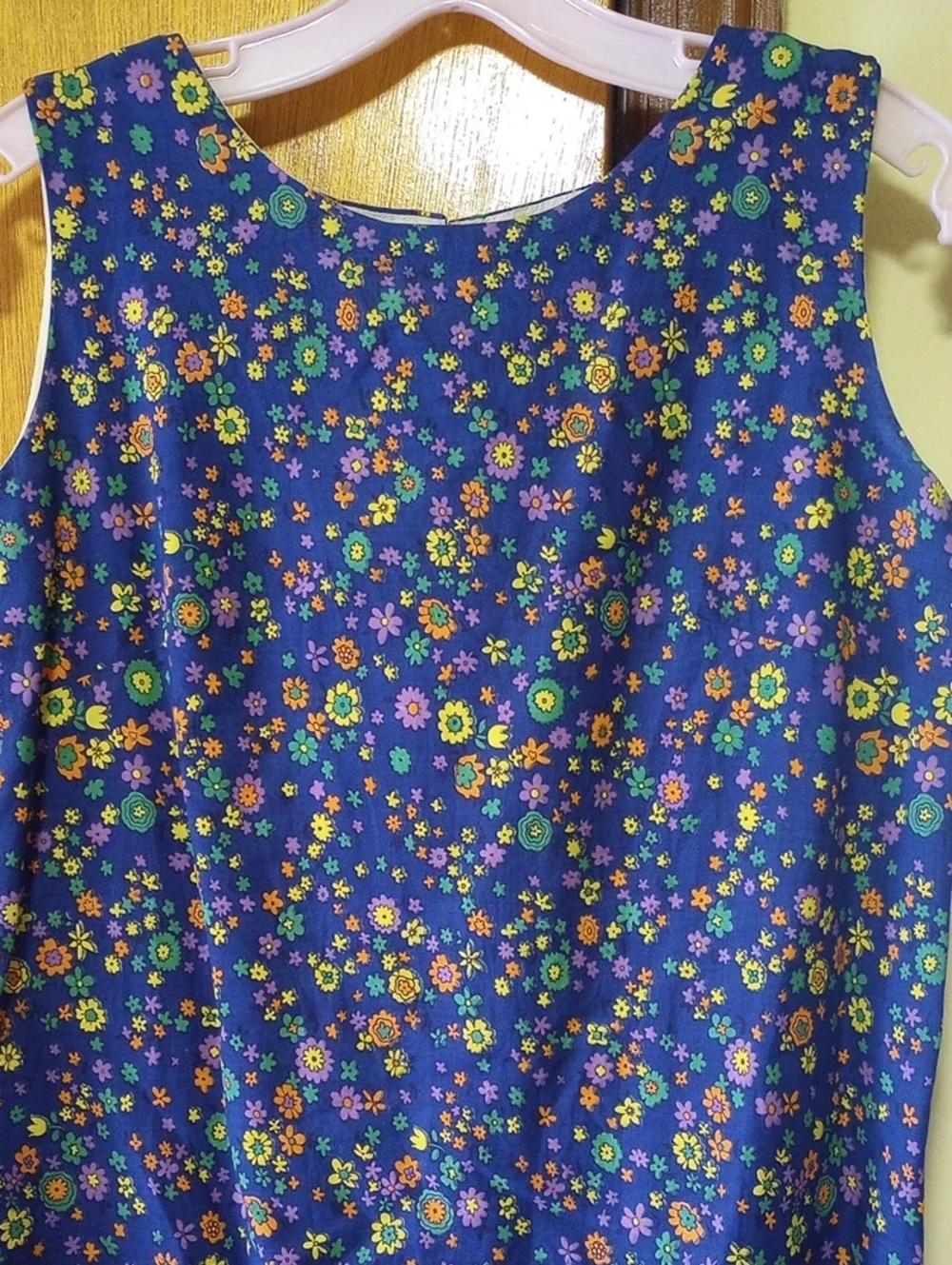 Vintage Sleeveless Floral Cotton Summer Dress. Blue Orange Yellow Green Purple - Picture 2 of 3